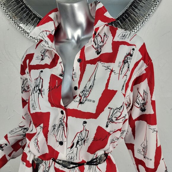 NWOT~$89~KARL LAGERFELD~S/M/L~OVERSIZED RED WHITE BLACK BLOUSE SHIRT TOP - Picture 8 of 16